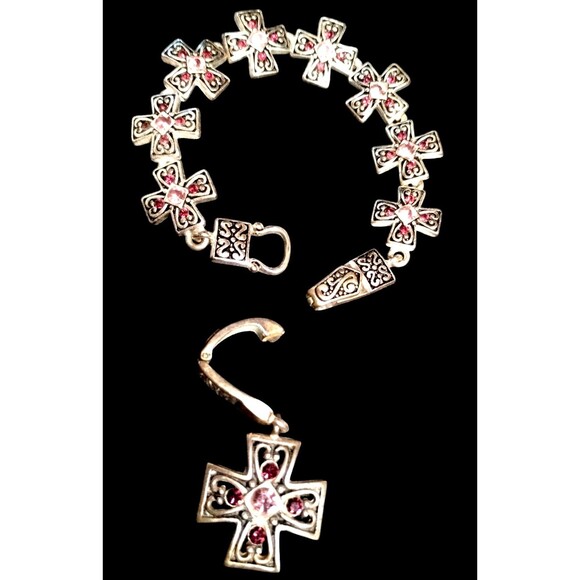 Sterling Plated Cross Bracelet and Pendant Pink Stones Magnetic Clasp - Picture 1 of 6